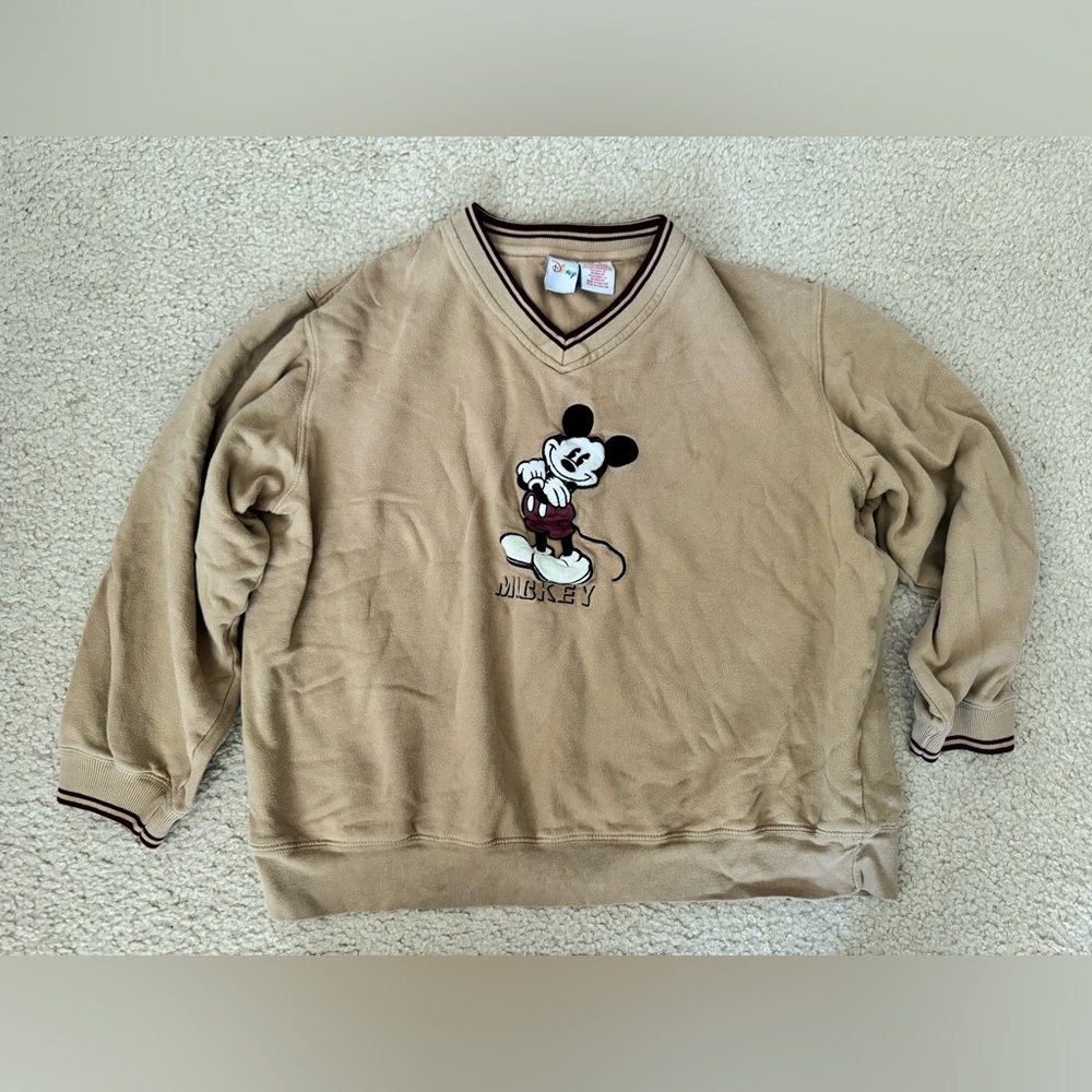 Vintage Disney V-Neck Sweater with Mickey Mouse - Tan